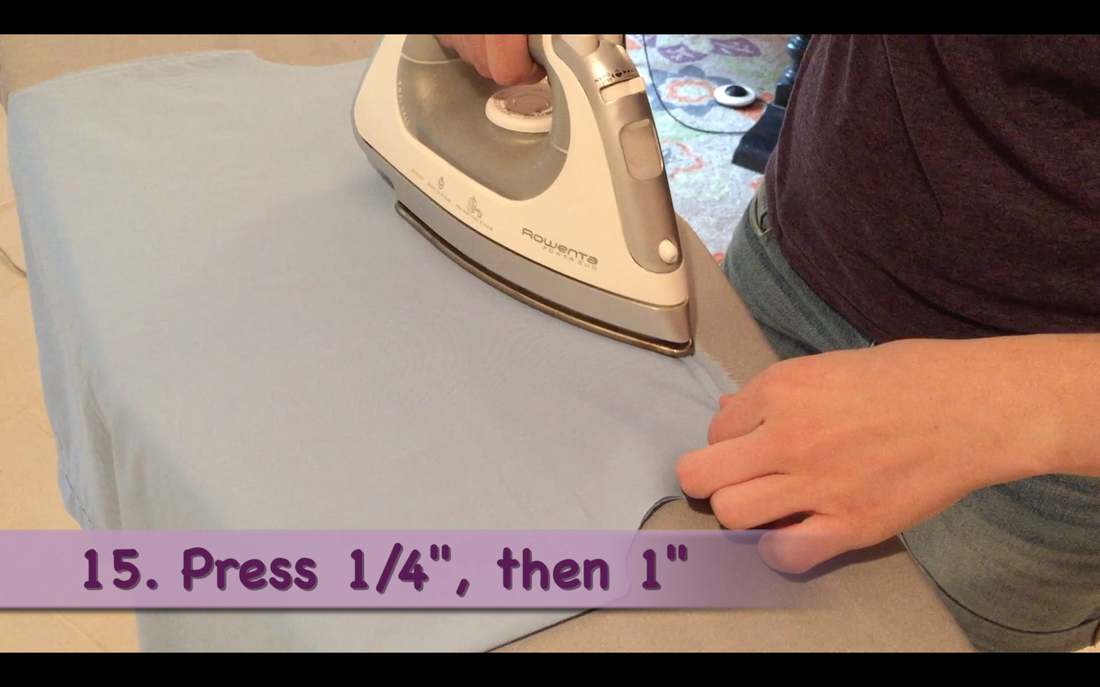 How to Make a Pillowcase Dress: Step 15, Creating the front & back top casing by pressing down 1/4 inch then 1 inch.  MotherDaughterProjects.com