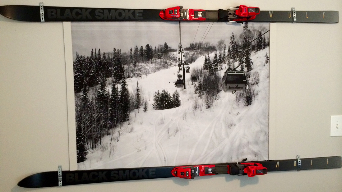 Snow-ski themed guest room with large black & white engineering prints. Low cost/big impact. MotherDaughterProjects.com