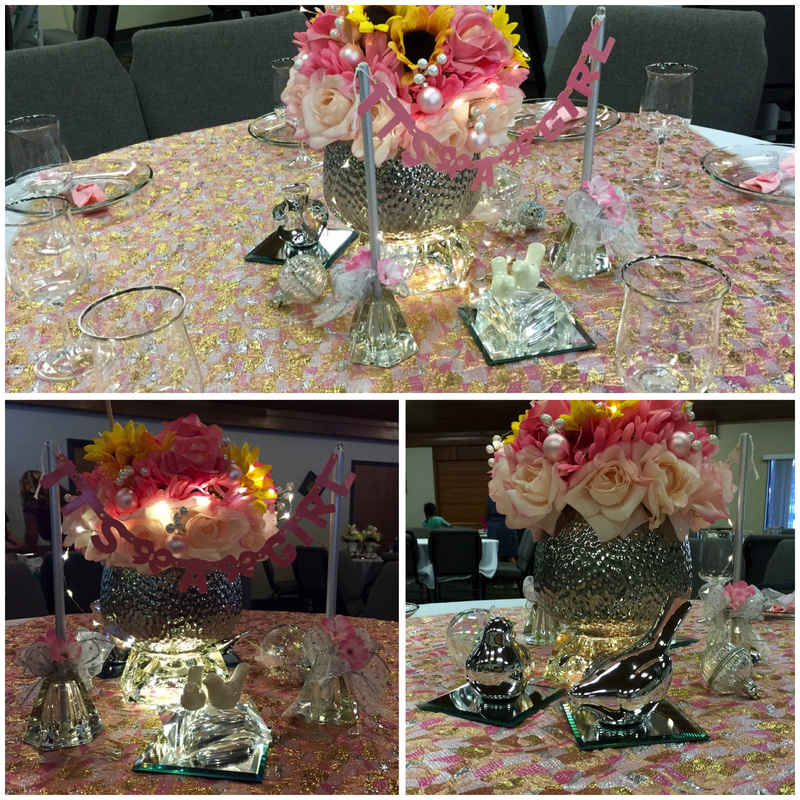Table decor--all pink & sparkly--for a Mother/Daughter Banquet. MotherDaughterProjects.com