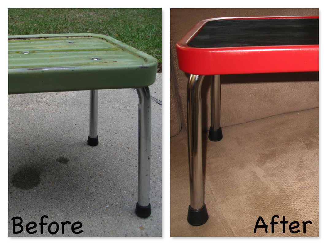A well worn mid-century bathroom stool gets a new coat of pain, shined up chrome, and new rubber feet. It's ready for another generation of kids. MotherDaughterProjects.com