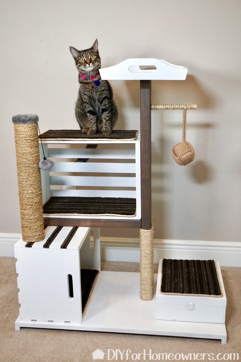 Finished picture of the wood crate cat condo/tree/tower.