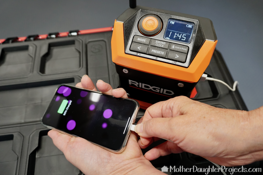 A great feature on the Ridgid radio is the USB port. If you have a charged battery then you can charge your USB devices. 