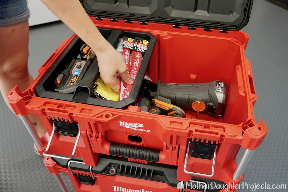 The Milwaukee packout has three spaces for storage of tools and more. 