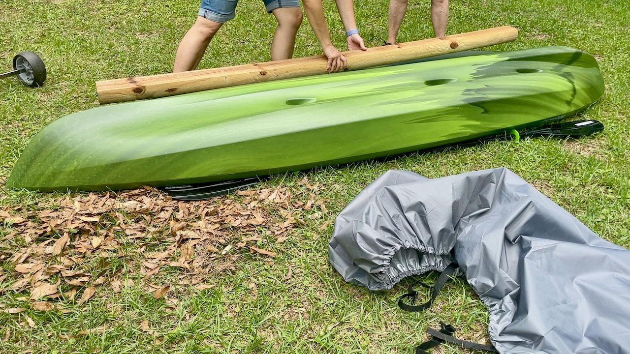 We turned the hardshell kayak upside down to determine how long the storage stand needed to be.