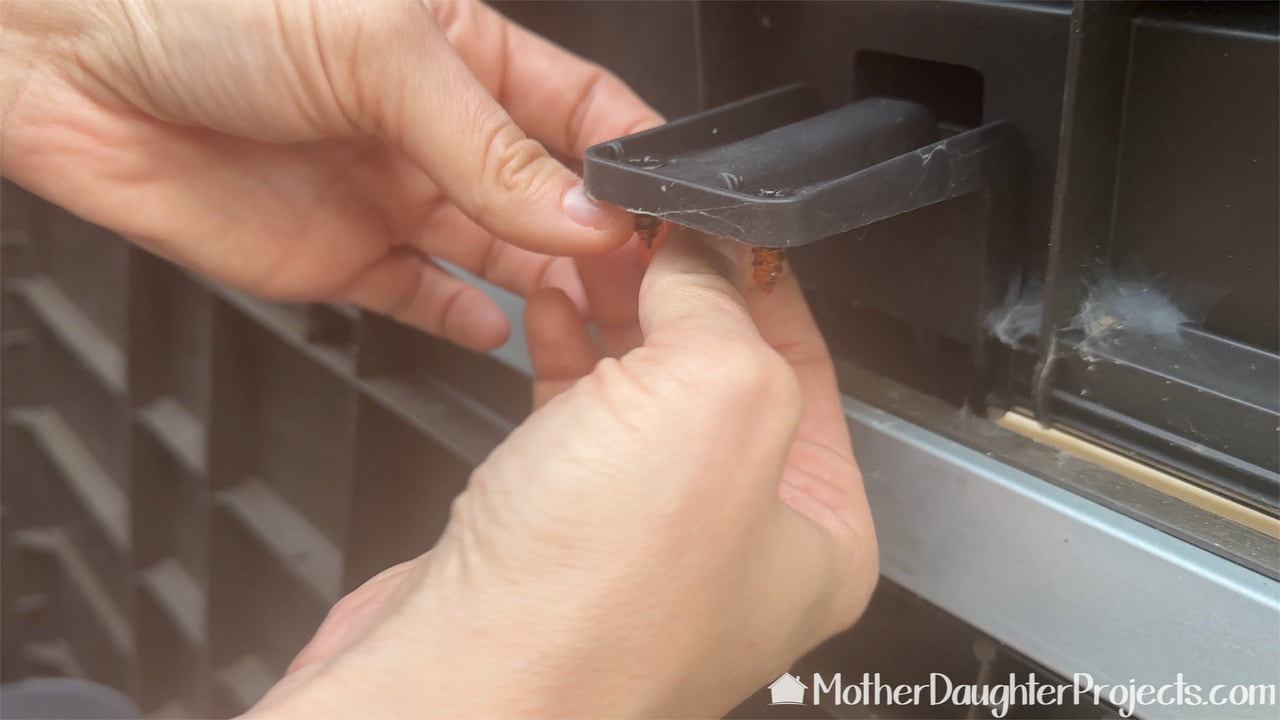 Adding DAP Tank Bond thread stopper tape to the Keter deck box hinge screws. 