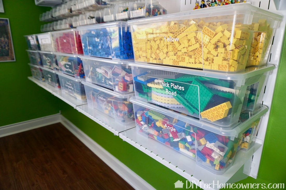 Clear bins make it easy to see the Lego bricks and pieces.