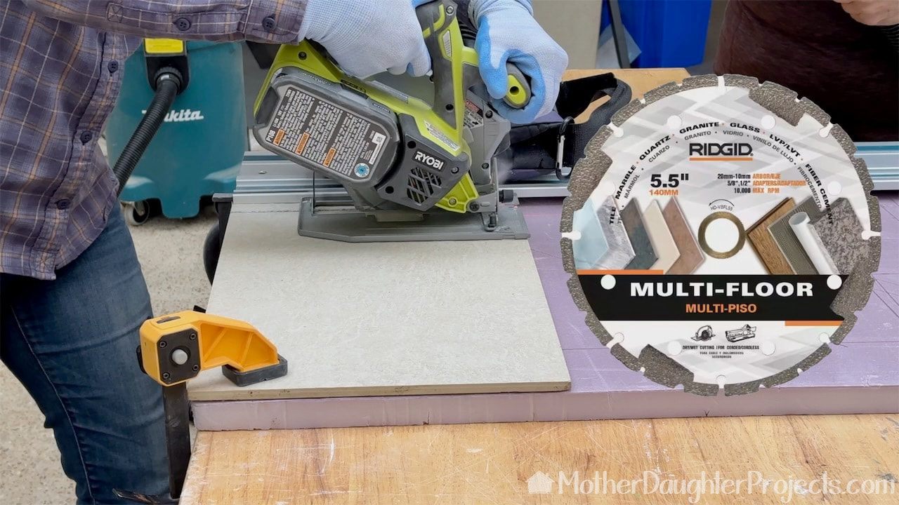 How to cut tiles without a tile saw. We used a Ryobi 5.5 circular saw with a Ridgid multi-floor cutting blade to cut the tiles.