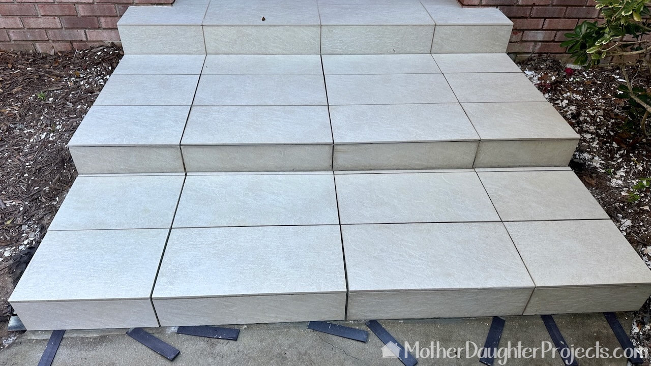 Tiles are cut, in place, and ready for grout.