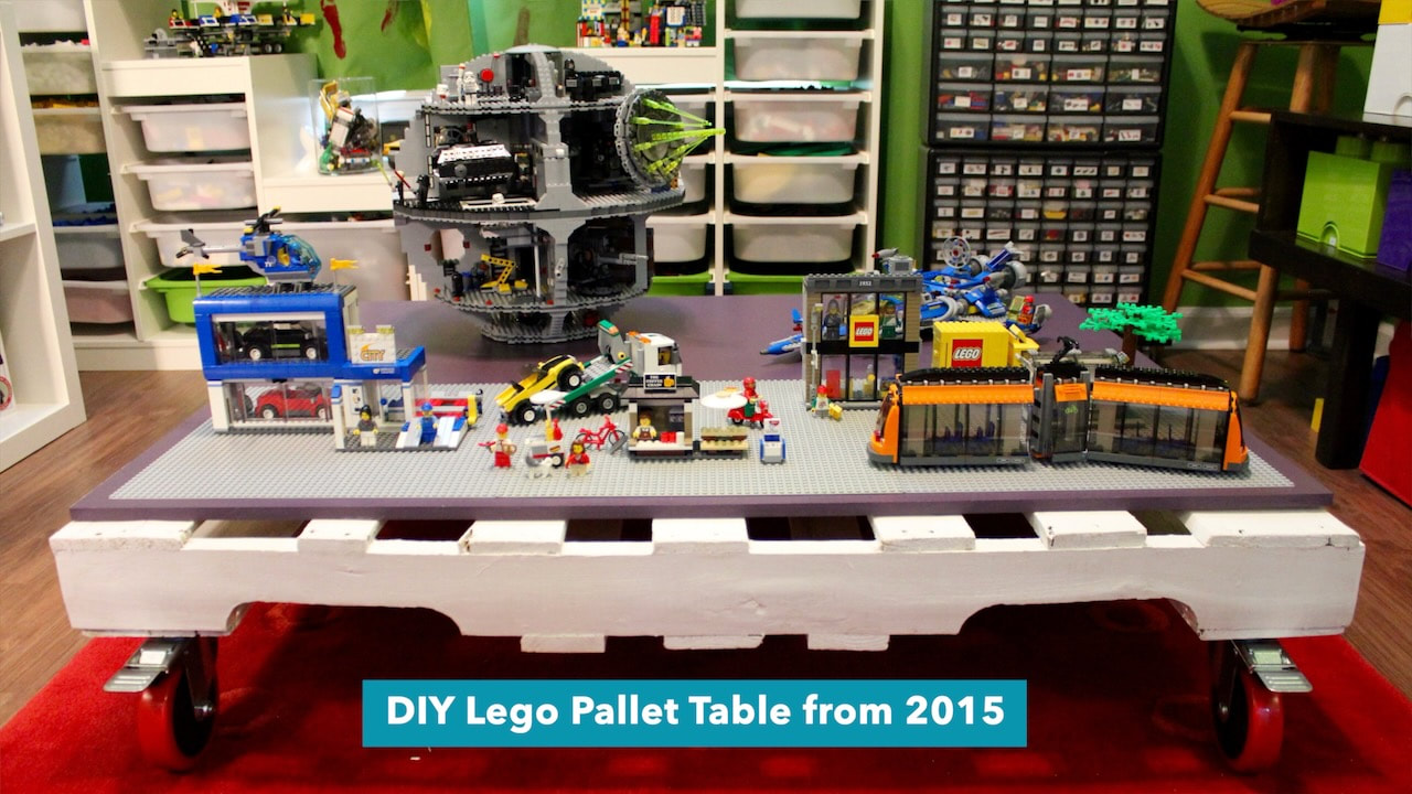 We made this LEGO pallet table in 2015. 