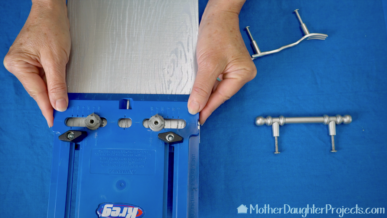 Use the Kreg Hardware Jig to place and drill the holes for the handle. 