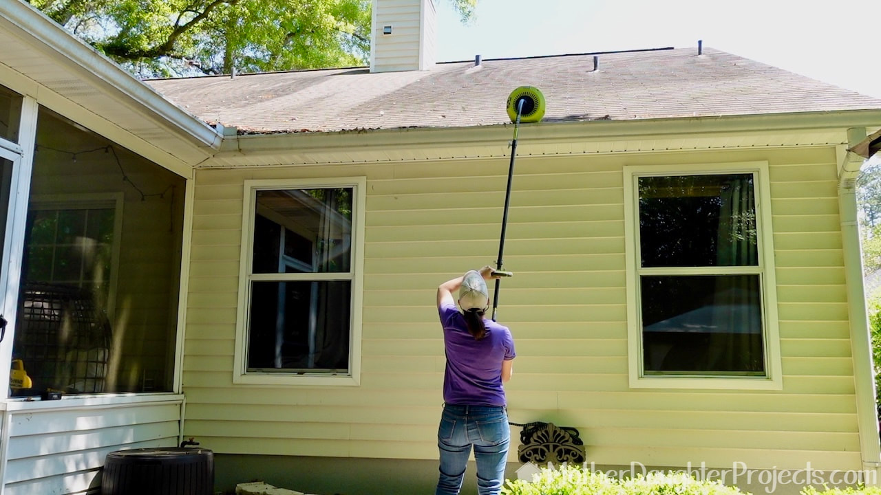 See the Ryobi gutter blower in action as it travels right to left to clean.