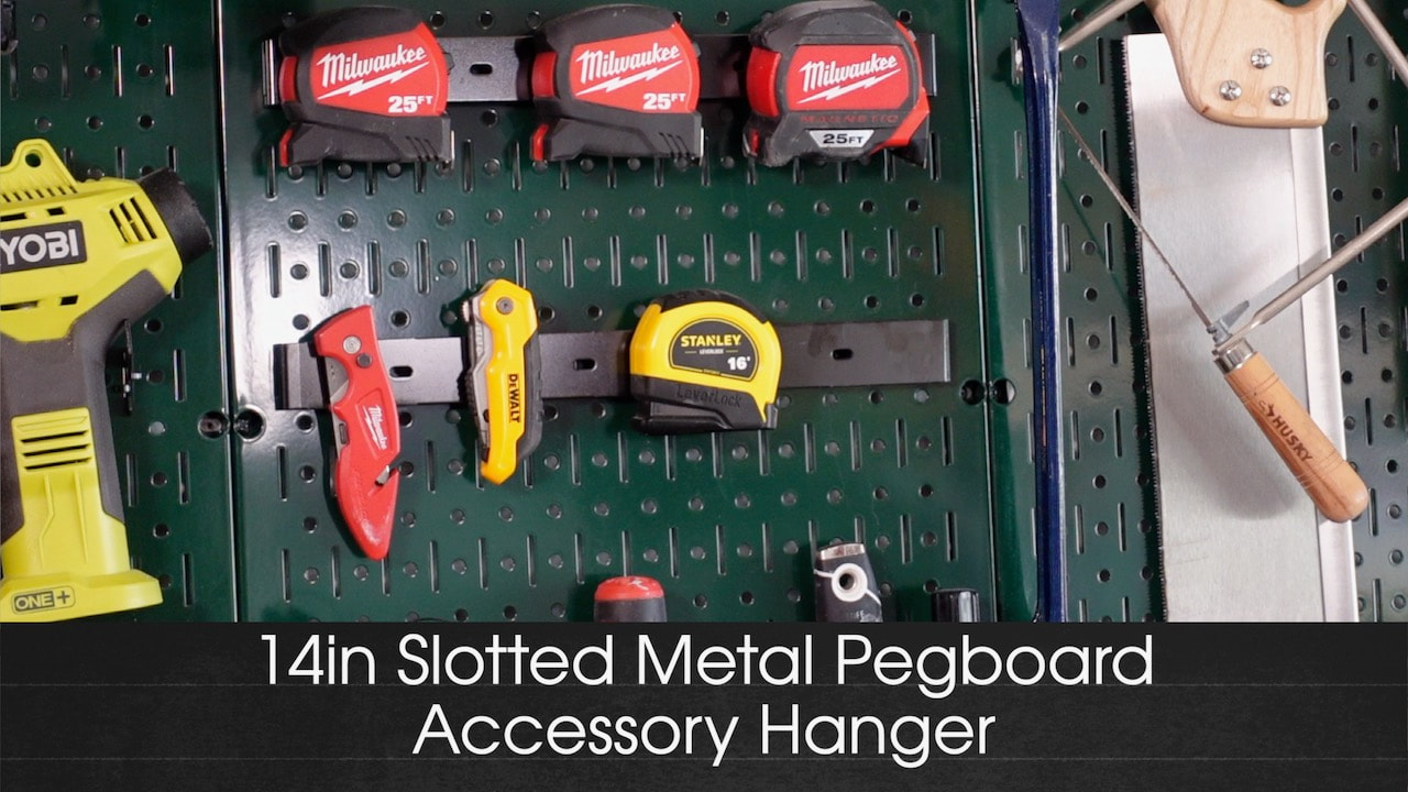 The slotted metal pegboard accessory hanger is one of the most versatile accessories. 