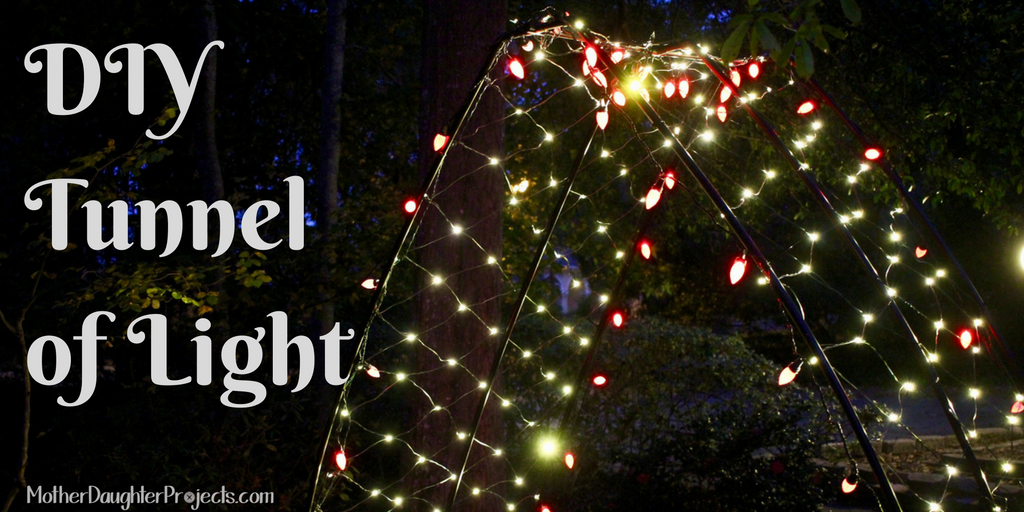 Learn how to use PVC pipe to create a tunnel or arch and decorate with lights! Make it part of your outdoor Christmas lights show! MotherDaughterProjects.com