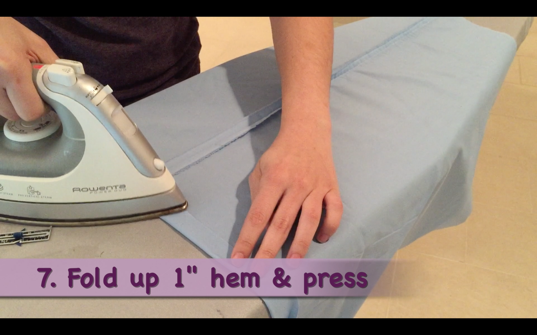 How to Make a Pillowcase Dress: Step 7, fold up 1 inch  hem & press. MotherDaughterProjects.com