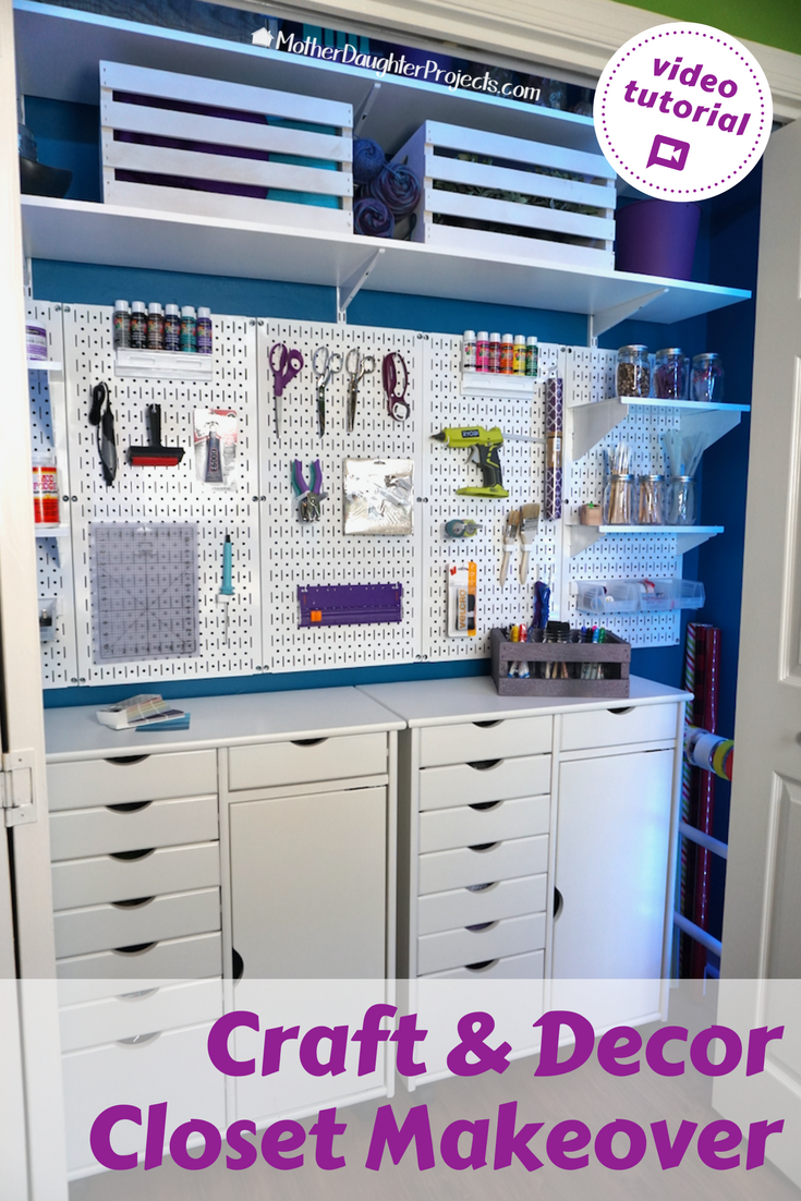 Video tutorial! Learn how to install pegboard, cabinets, and shelves to turn a small space into a creative workspace for sewing, making, gift wrap and more!
