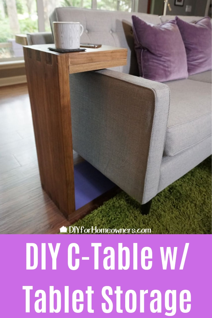 With a few 2 x 2’s you can build this c table sofa end table with iPad or tablet storage. This modern c-base sofa side table can be used as a TV tray, side table, or used in bed or floor as a small horizontal desk. The table slides easily under and over t