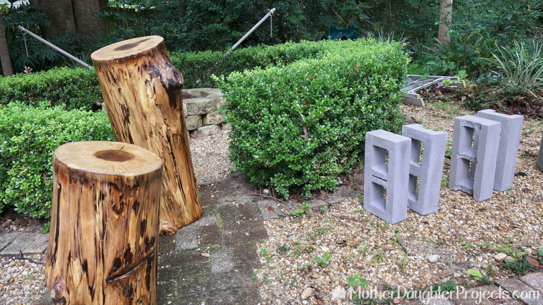 Learn how to turn a stump into a bench for around the backyard bonfire. Also uses a $2 concrete block from Home Depot.