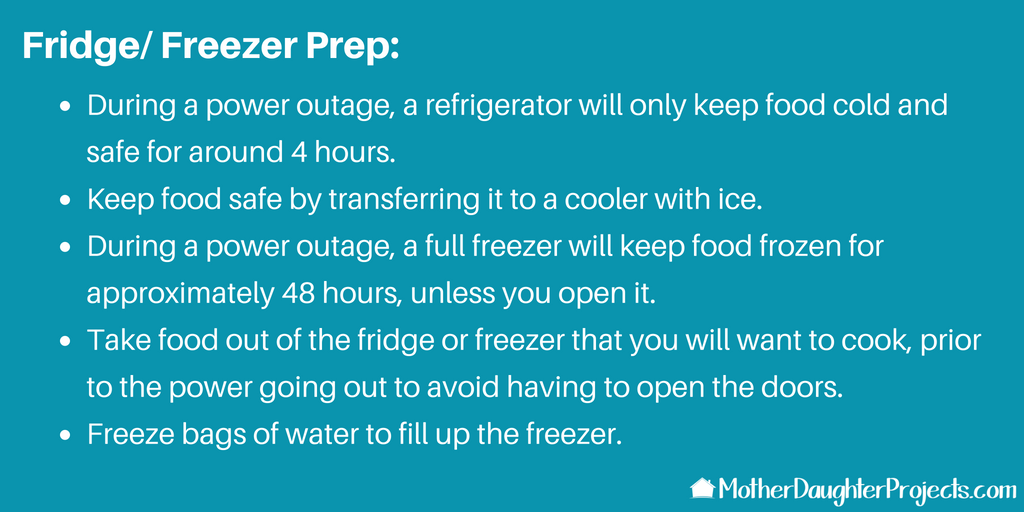 Graphic showing ways to prep your freezer and fridge for a possible power outage.
