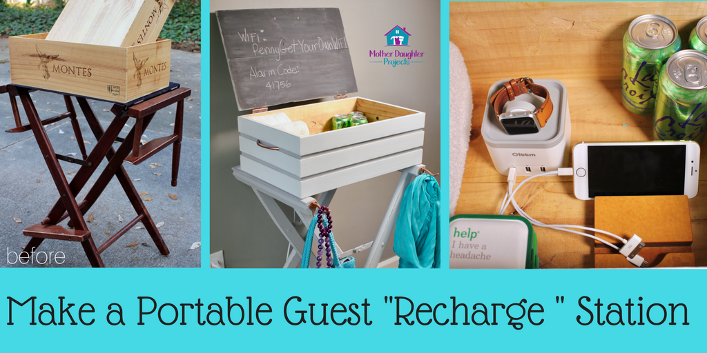 Learn how to use thrifted or trashed items to make a station to recharge for your guests. It also stores easily when not in use!