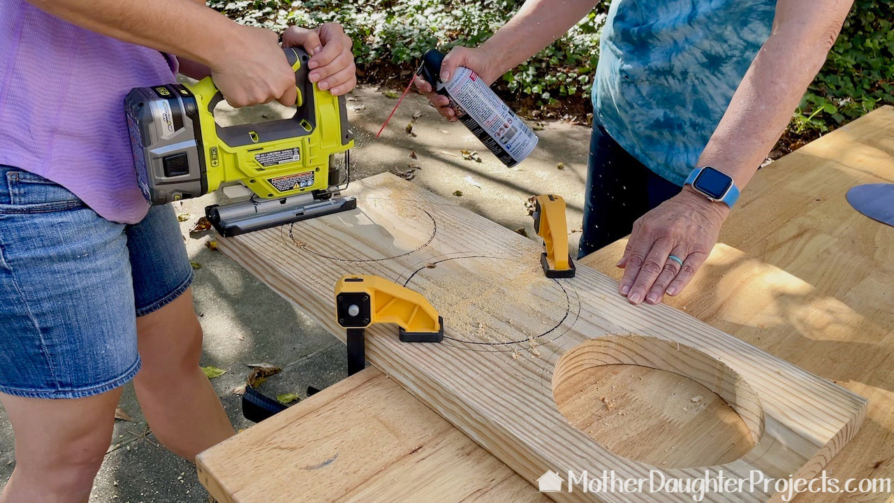 Steph used a Ryobi battery powered jig saw to cut the holes for the bowls.