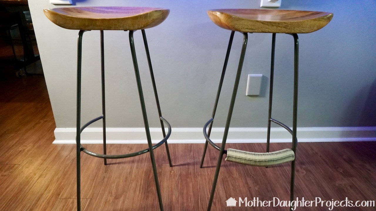 West Elm bar stools with and without the comfort foot rest cover.
