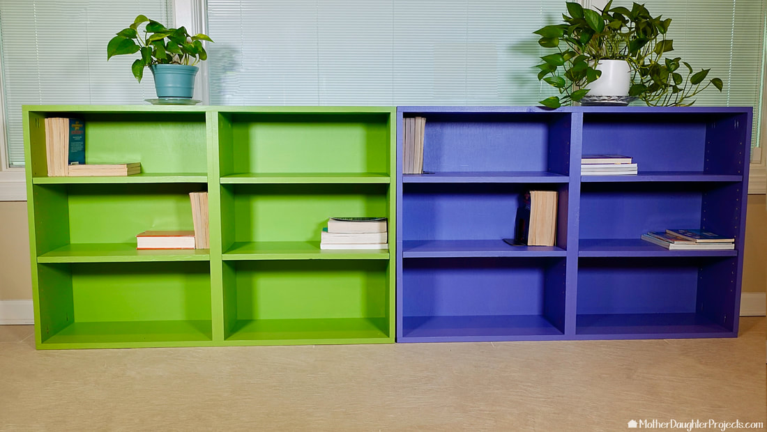 The bookcases are bright green and purple!