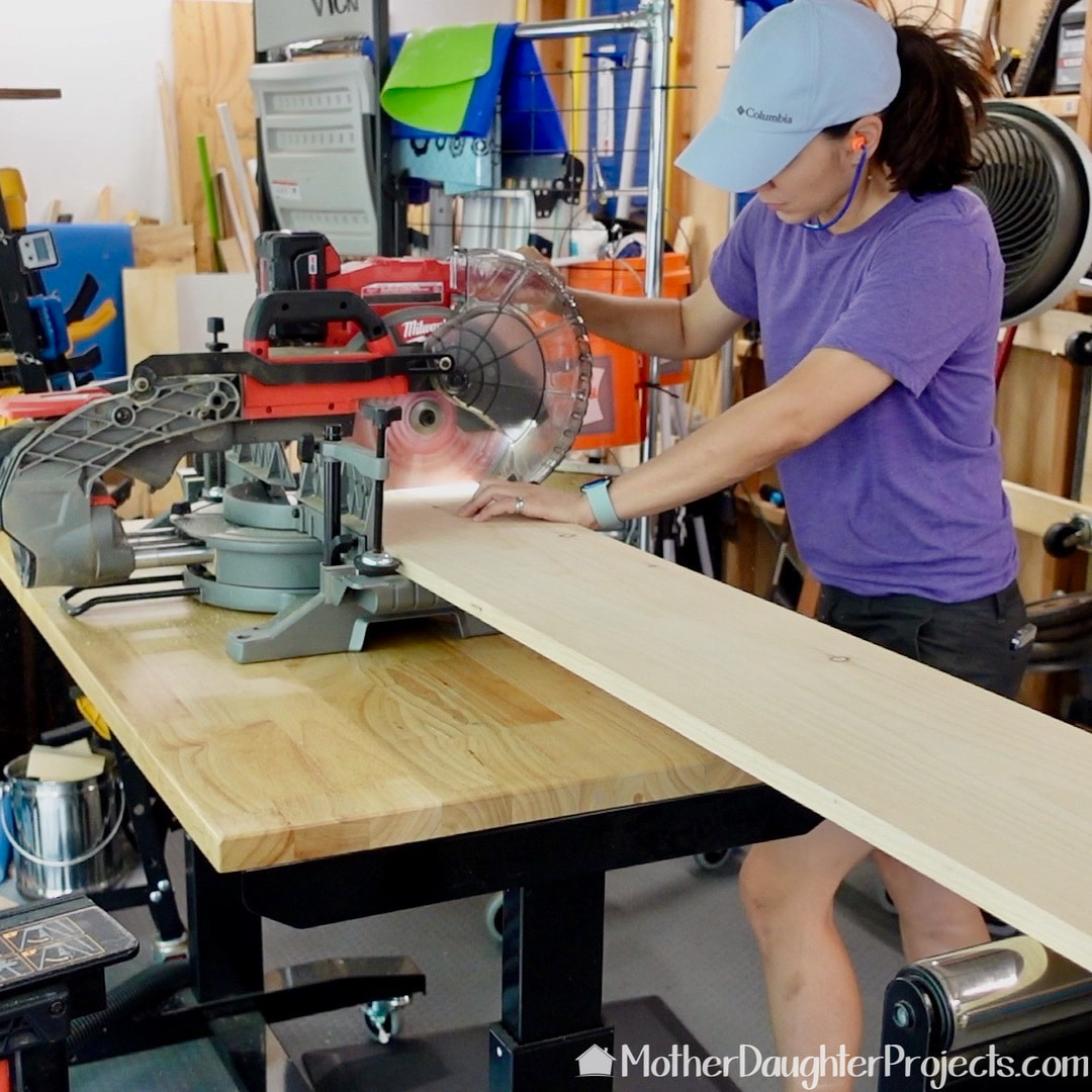 Steph cut down the lumber to size on this battery powered Milwaukee miter saw.