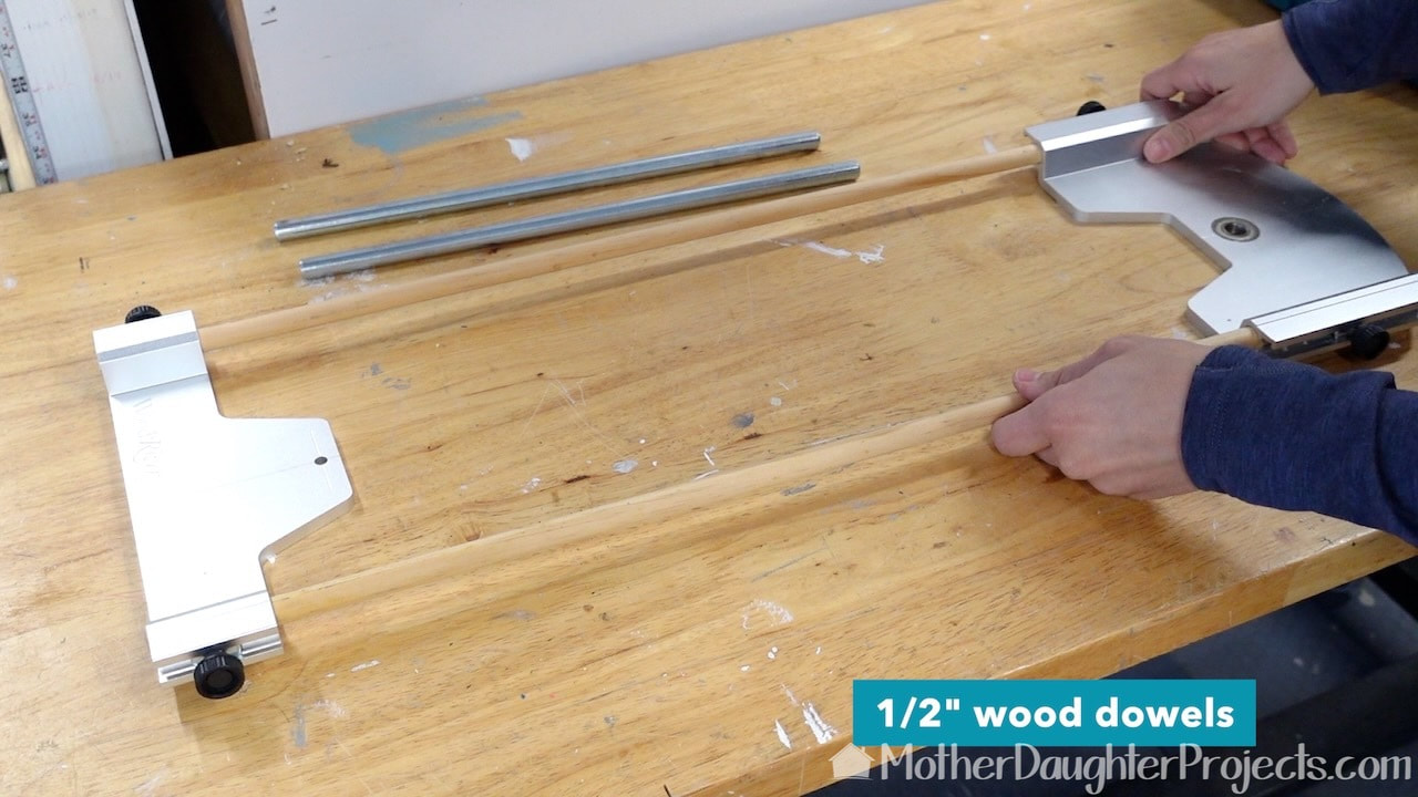 By swapping out the metal rods for wood dowels, the circle jig is able to cut even larger circles.