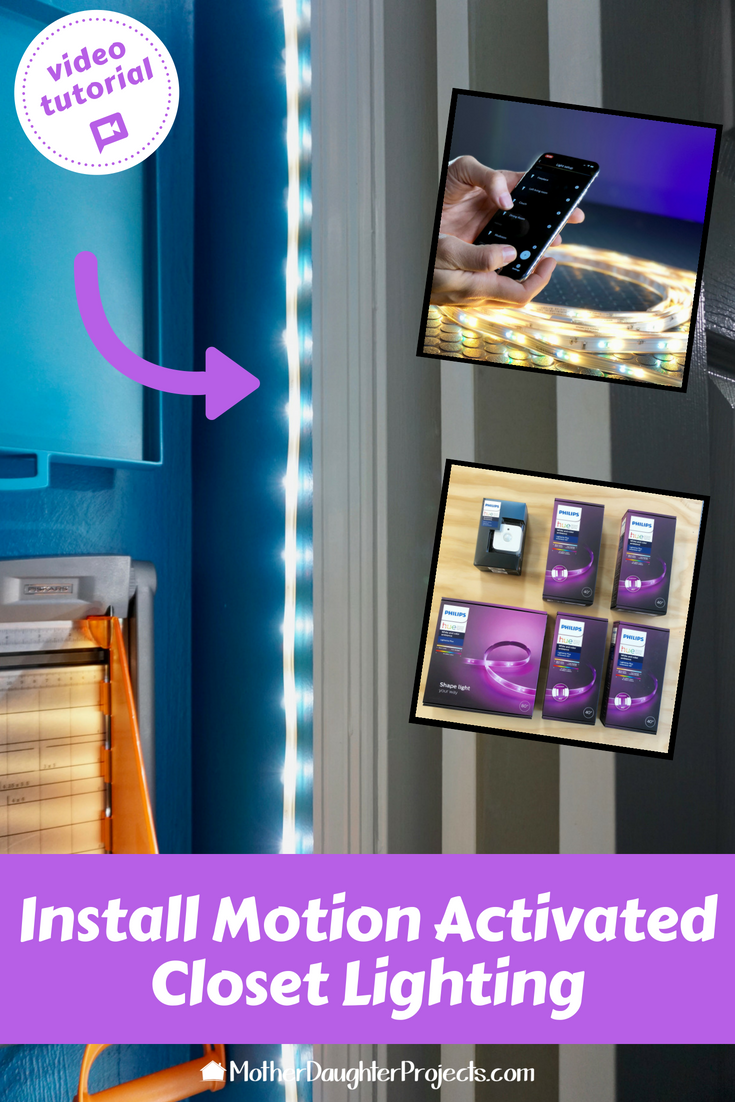 Video tutorial! Learn how to add motion activated full closet lighting for a craft closet, supplies, clothes and more! #smarthome #lighting #closet #decor 