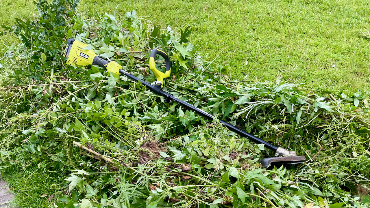 The Ryobi Expand-It brush cutter really is the star of the backyard makeover!