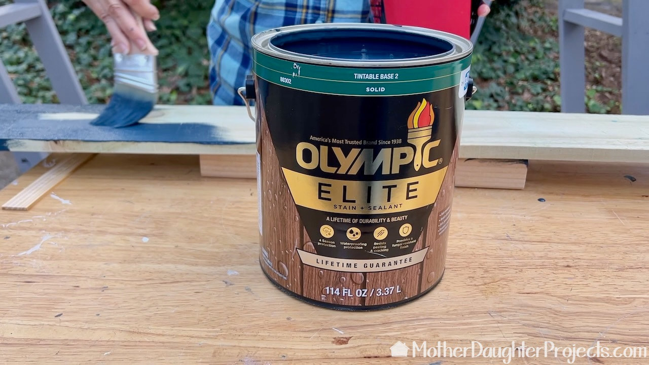 The can of Olympic Elite Stain and Sealant--perfect for outdoor projects. 