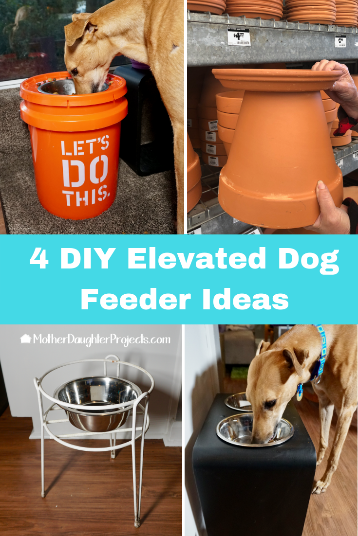 Video tutorial! Get 4 ideas on how to make an elevated dog feeder for your dog! #diy #greyhound #bowl