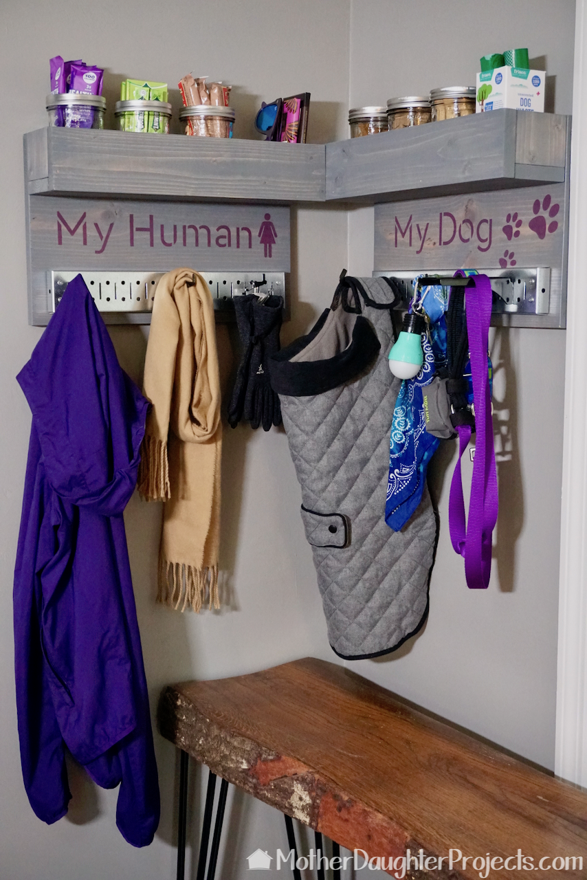 Video tutorial! See how to make a dog station for your dog and human! Place for jacket, gloves, dog leash, poop bags, mason jar treat holders and more! #dog #dropzone #hang #storage