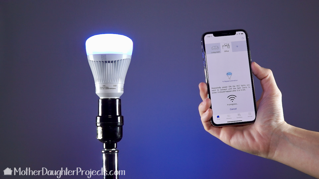 The WiZ 60W Equivalent A19 Colors and Tunable White Wi-Fi Connected Smart LED Light Bulb is controlled via an app. 