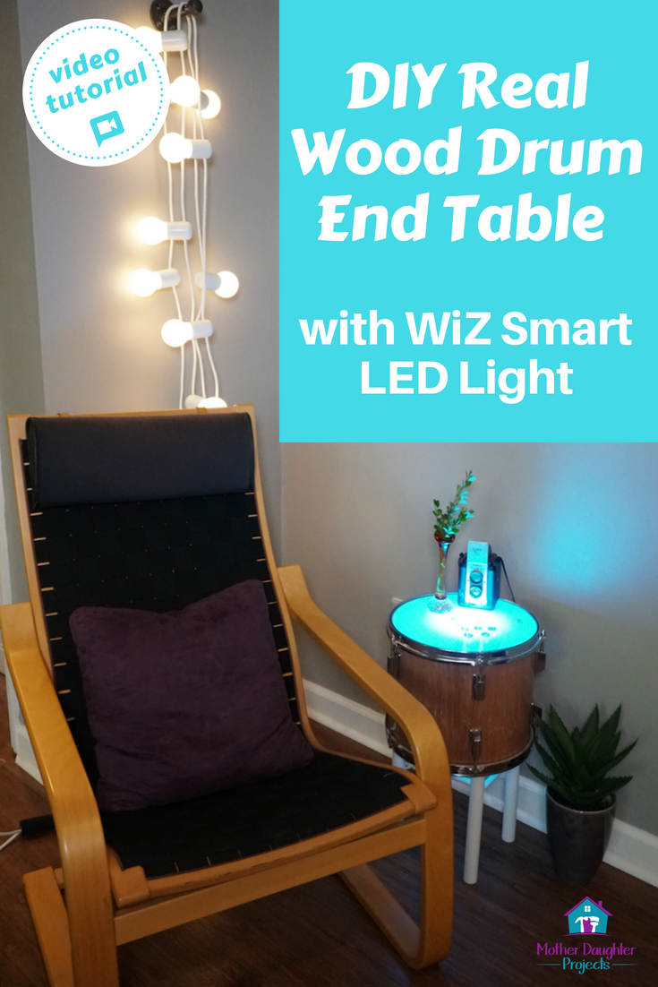 Video tutorial! Learn how to take an old drum (tom) from a thrift store and turn it into a smart lamp end table! #smarthome #diy #drum #upcycle