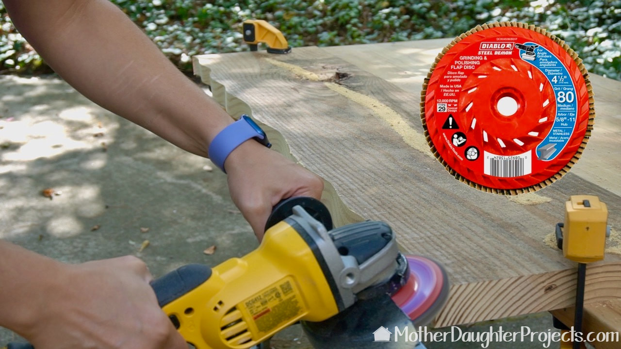 Perfecting the live edge with a DeWalt angle grinder and Diablo flap disk.