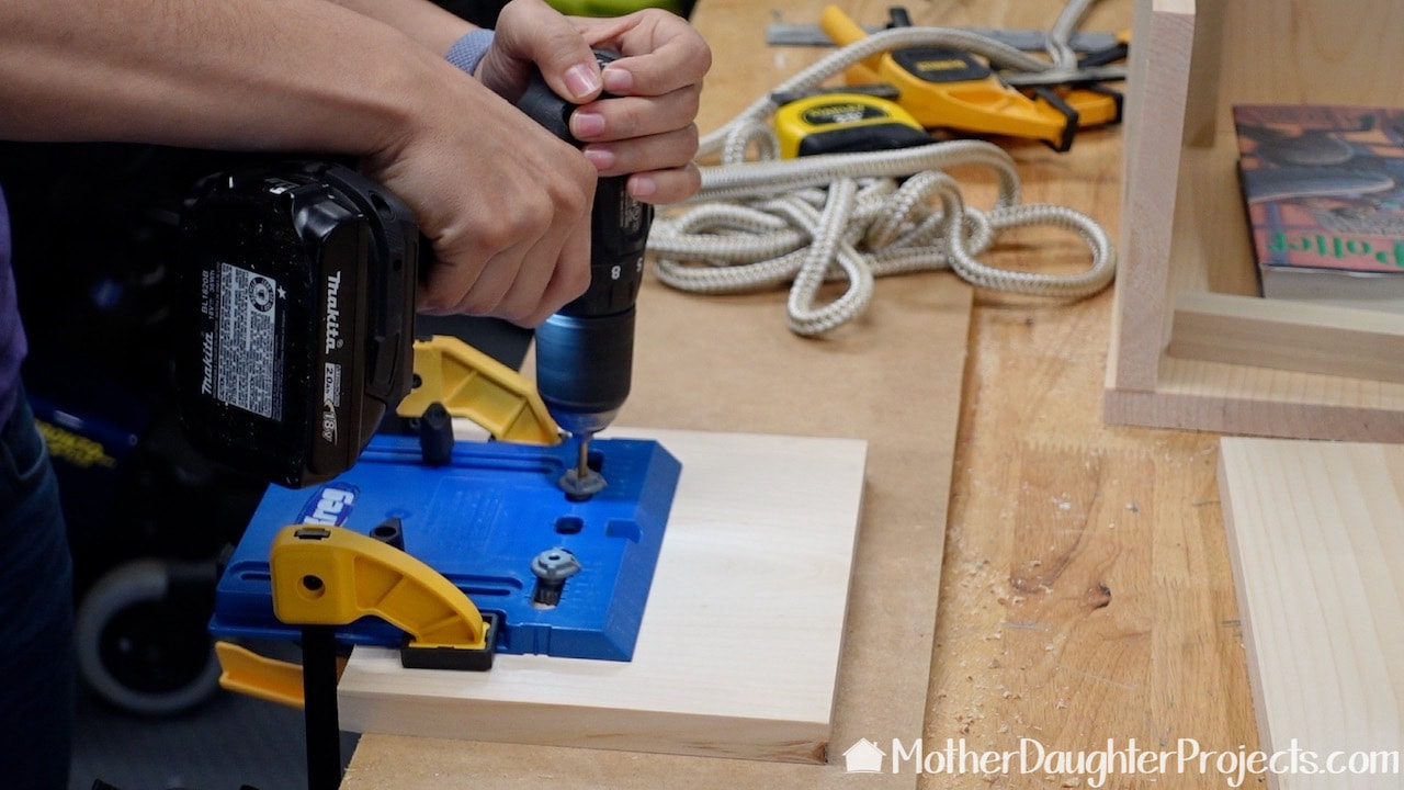 This Kreg cabinet hardware jig makes it easy to effortlessly mark the holes for the rope handles. 