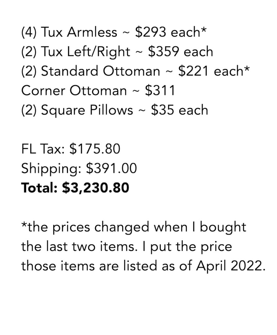 This is what everything cost for the six sofa pieces, three ottomans, and two pillows. 