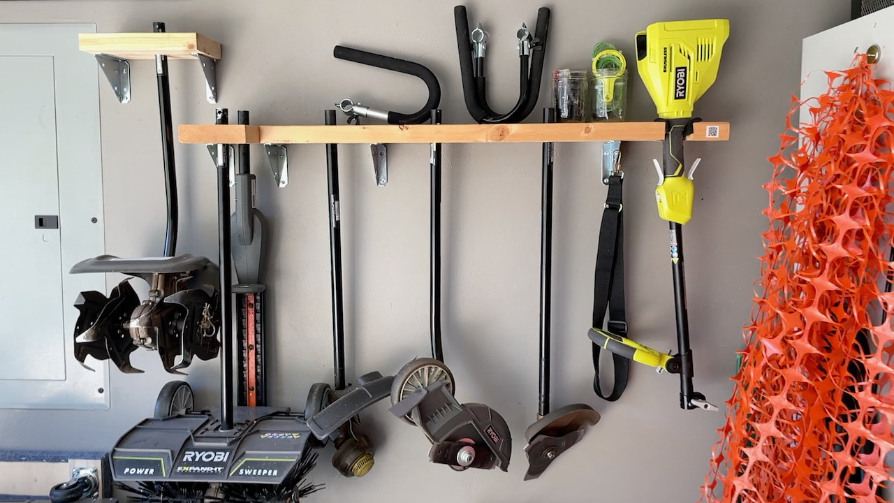 The storage system for the Ryobi Expand-It system of outdoor gardening tools. One handle, many tools.
