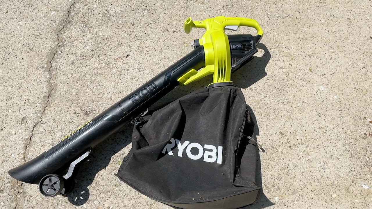 The Ryobi leaf mulcher put together and ready to use.