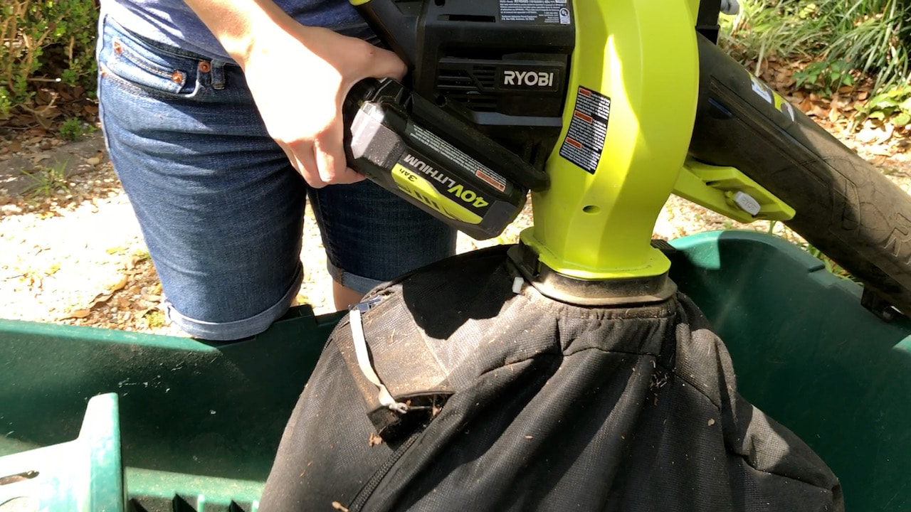 Once the Ryobi battery powered leaf vacuum bag is full, it's time to empty it.