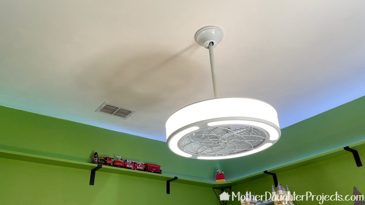 The Home Depot's Home Decorators enclosed blade ceiling fan in place in the LEGO room.