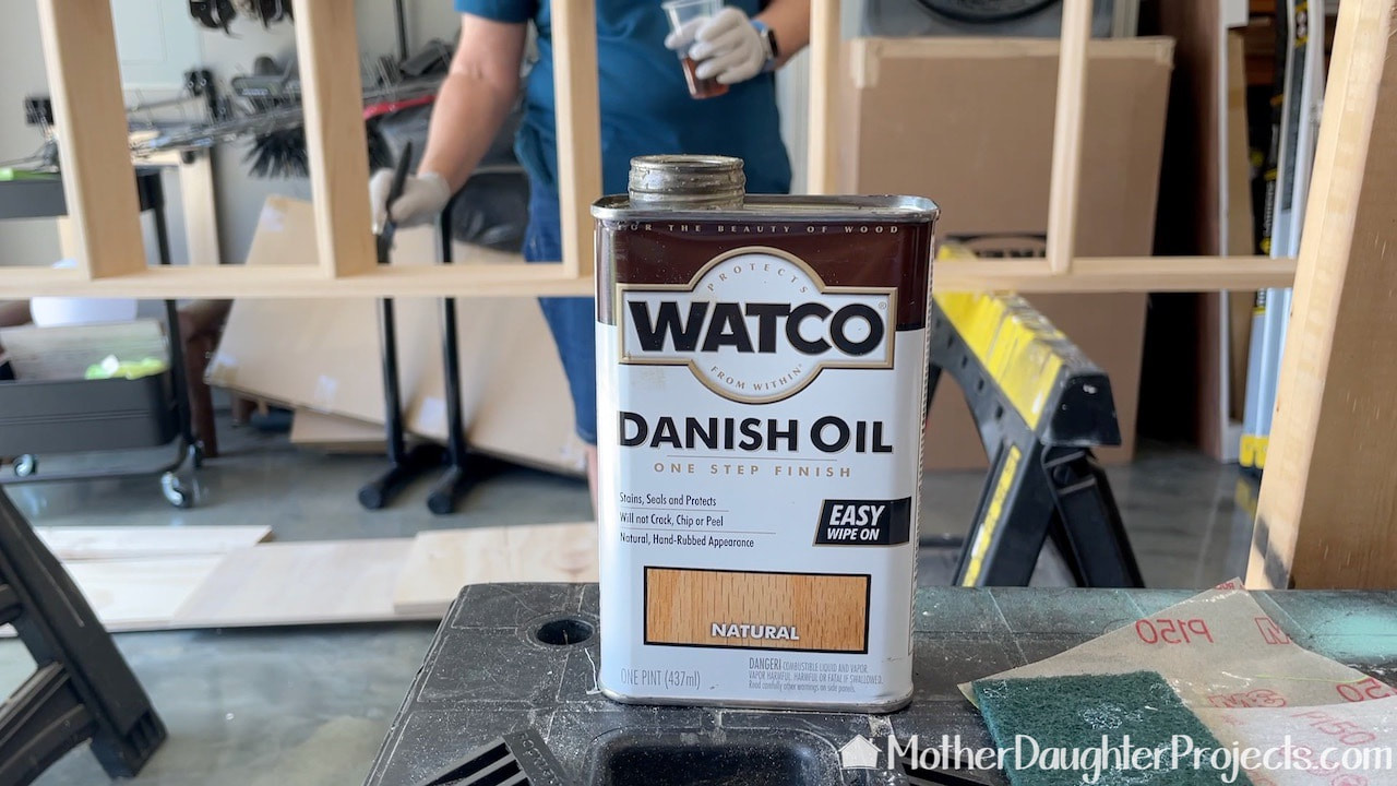 We used Watco Danish Oil to finish the rolling library ladder in a nice natural or neutral finish. 