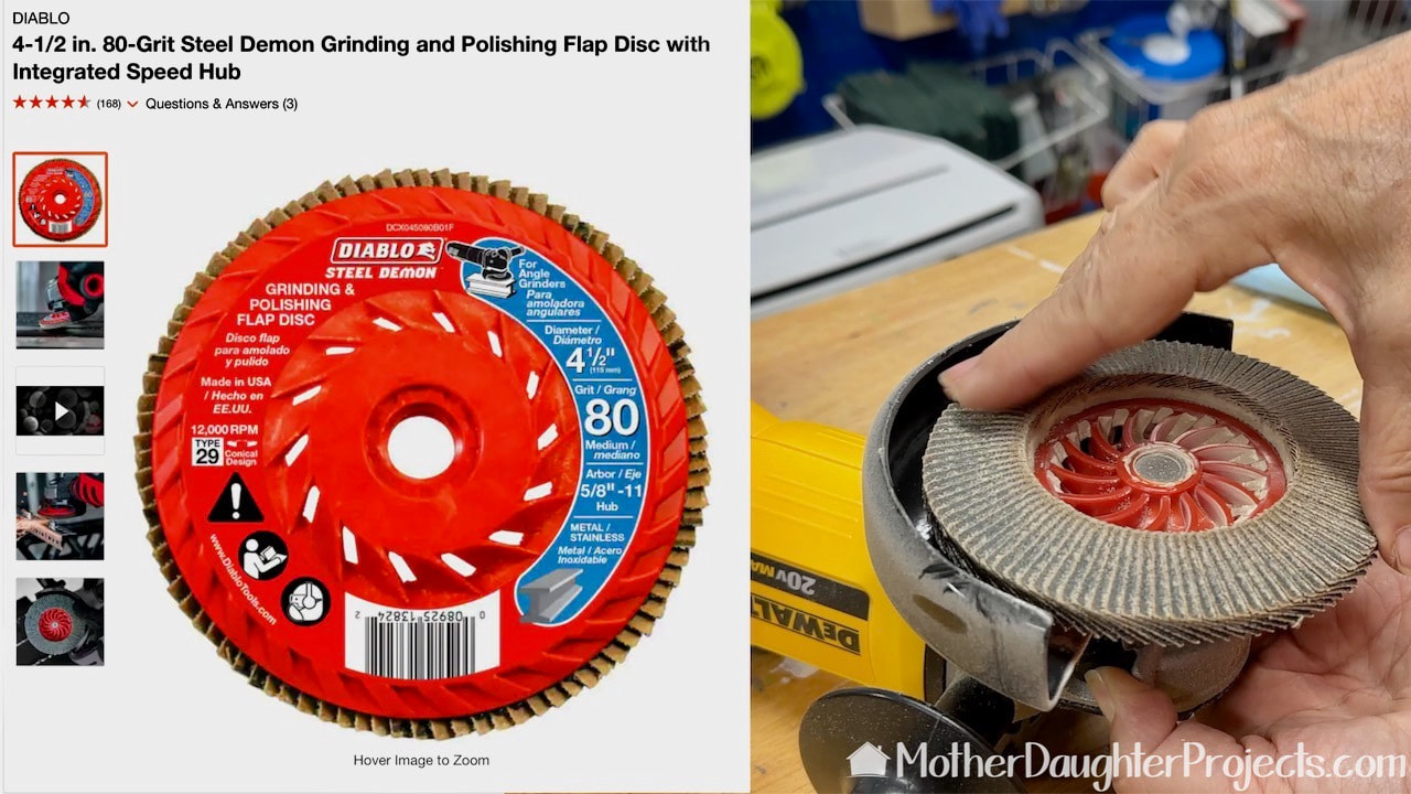 This DeWalt angle grinder with 80 grit flap disk makes the magic and is the fun part!