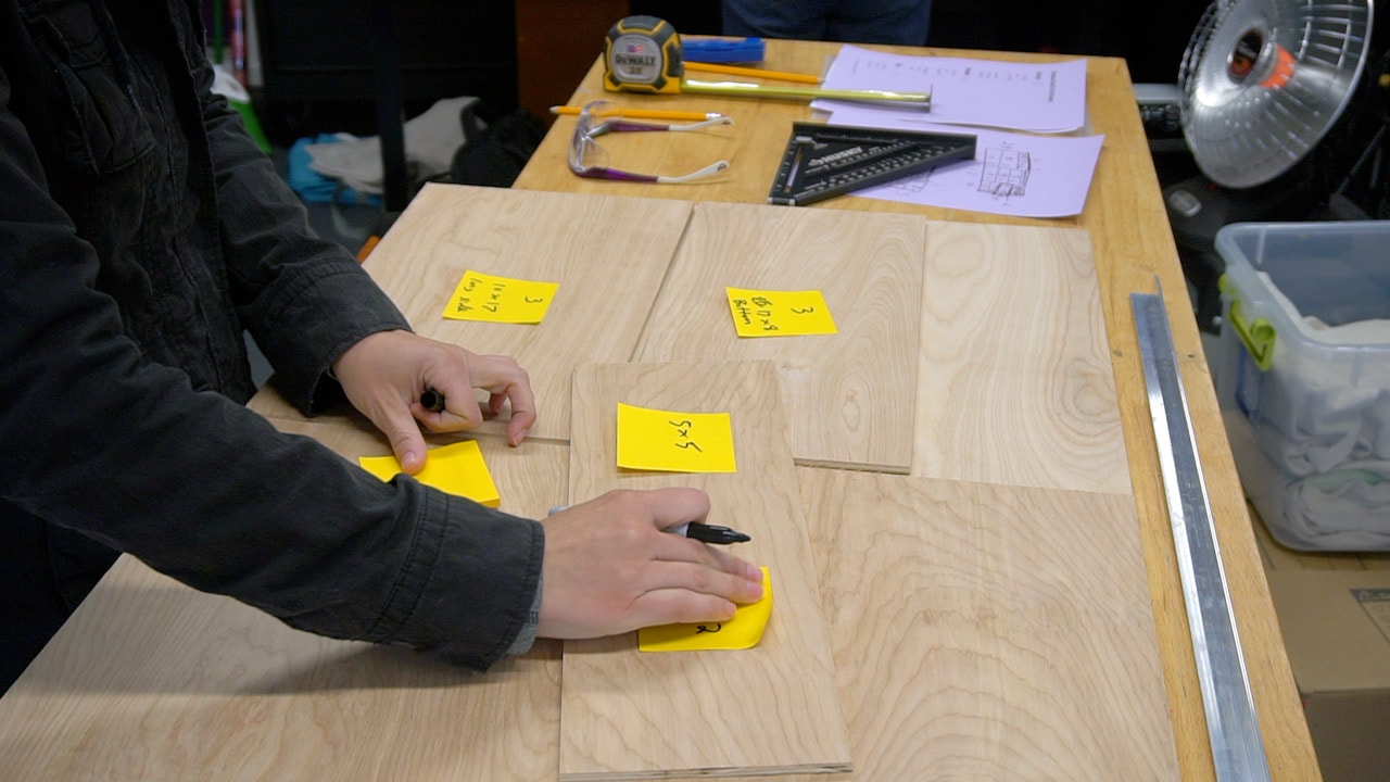 Lot's of sticky notes were used to keep track of the pieces for the three different boxes. 