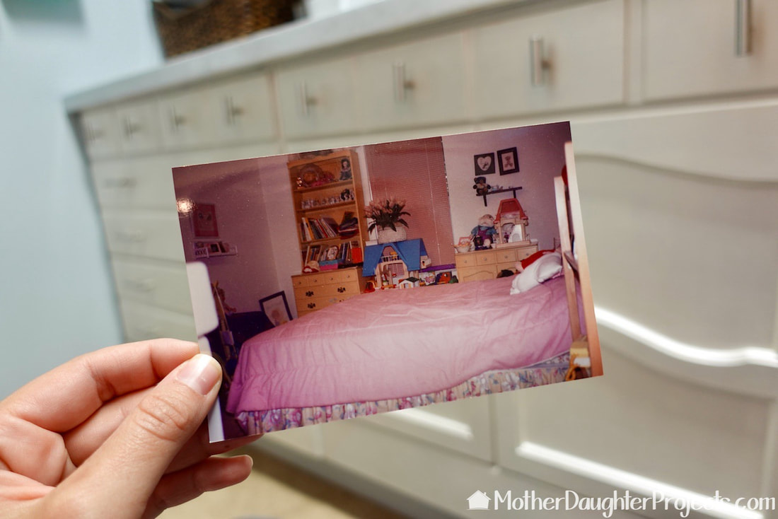 I'm holding a picture of Steph's childhood bedroom showing the original dressers used in the closet makeover. 