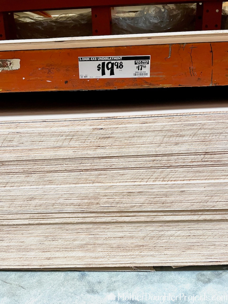 We purchased our materials at the Home Depot. We bought a sheet of underlayment.