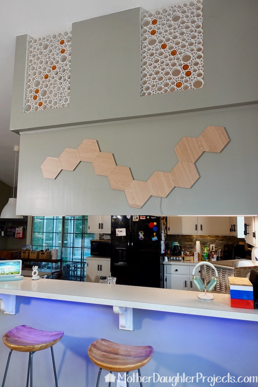 Here's the Nanoleaf elements wood grain installed on the wall.