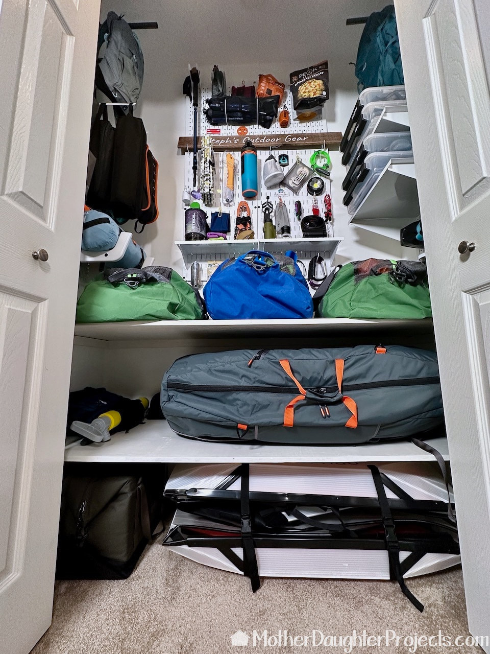 The small closet renovation now holds all the camping equipment as well as two Oru kayaks.