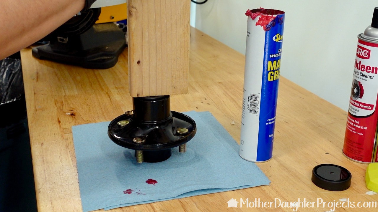 To be sure that seal fits correctly into the wheel assembly, place a 2x4 on top and gentle tap with a rubber mallet until it seats fully.